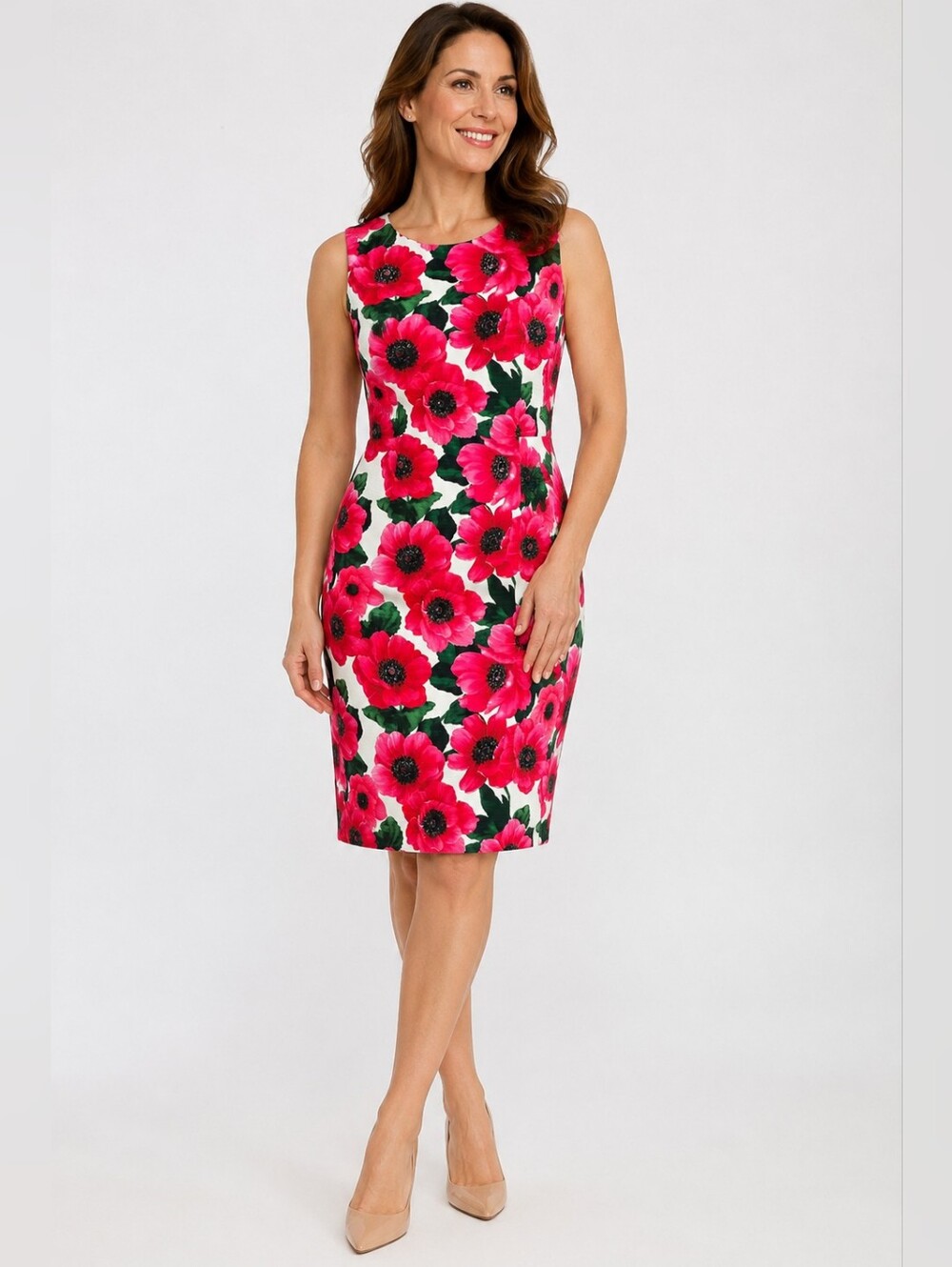 Hobbs London Floral‎ Sheath Dress Pink White Cotton Stretch Size 6